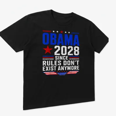 Patriotic typography shirt featuring Obama 2028 slogan in red, white, and blue — printed on a unisex t-shirt (angled view)