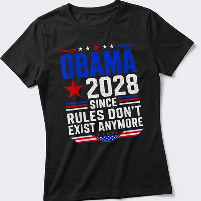 Patriotic typography shirt featuring Obama 2028 slogan in red, white, and blue — printed on a women's shirt