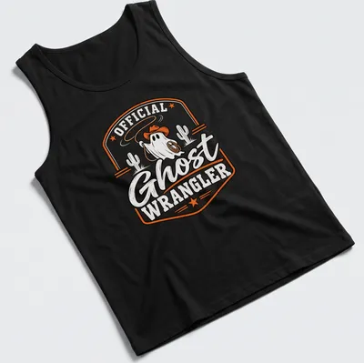 Vintage badge style Halloween shirt featuring a ghost with a cowboy hat and lasso. — printed on a tank top