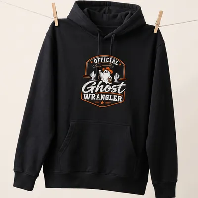 Vintage badge style Halloween shirt featuring a ghost with a cowboy hat and lasso. — printed on a unisex hoodie