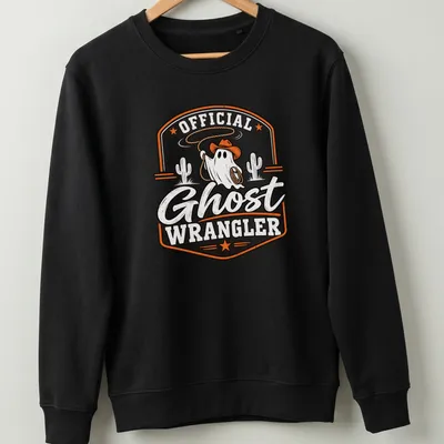 Vintage badge style Halloween shirt featuring a ghost with a cowboy hat and lasso. — printed on a unisex sweatshirt