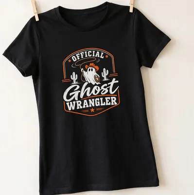 Vintage badge style Halloween shirt featuring a ghost with a cowboy hat and lasso. — printed on a women's shirt