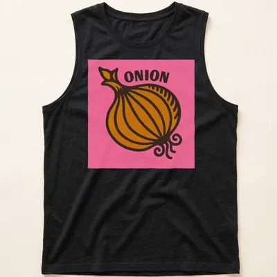 Bold Pop Art t-shirt featuring an 'ONION' graphic on a pink background — printed on a tank top