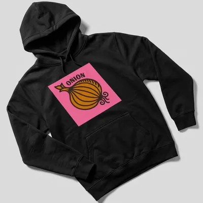 Bold Pop Art t-shirt featuring an 'ONION' graphic on a pink background — printed on a unisex hoodie