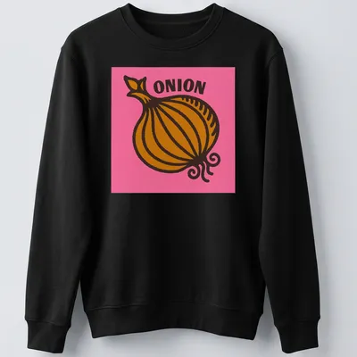 Bold Pop Art t-shirt featuring an 'ONION' graphic on a pink background — printed on a unisex sweatshirt