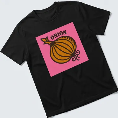 Bold Pop Art t-shirt featuring an 'ONION' graphic on a pink background