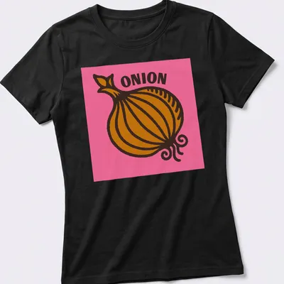Bold Pop Art t-shirt featuring an 'ONION' graphic on a pink background — printed on a women's shirt