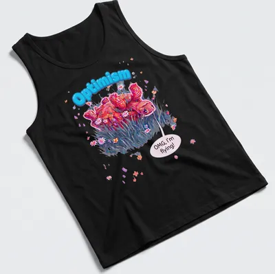Colorful cartoon turtle with text 'Optimism OMG, I'm flying!' in pink, blue, and green — printed on a tank top