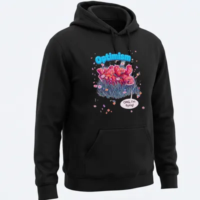 Colorful cartoon turtle with text 'Optimism OMG, I'm flying!' in pink, blue, and green — printed on a unisex hoodie