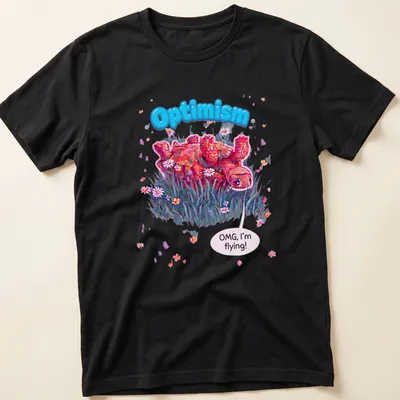 Colorful cartoon turtle with text 'Optimism OMG, I'm flying!' in pink, blue, and green