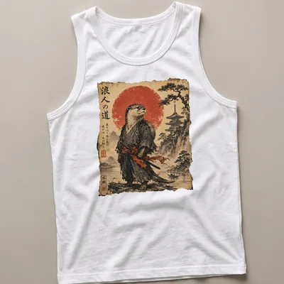 Vintage Japanese scroll art featuring an otter samurai with katana and calligraphy — printed on a tank top