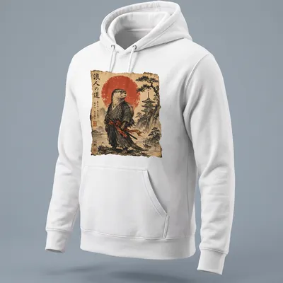 Vintage Japanese scroll art featuring an otter samurai with katana and calligraphy — printed on a unisex hoodie