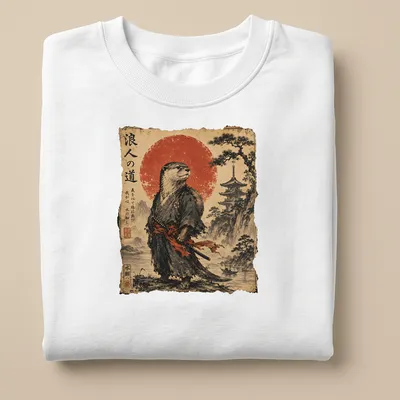 Vintage Japanese scroll art featuring an otter samurai with katana and calligraphy — printed on a unisex sweatshirt