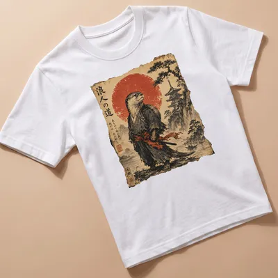 Vintage Japanese scroll art featuring an otter samurai with katana and calligraphy