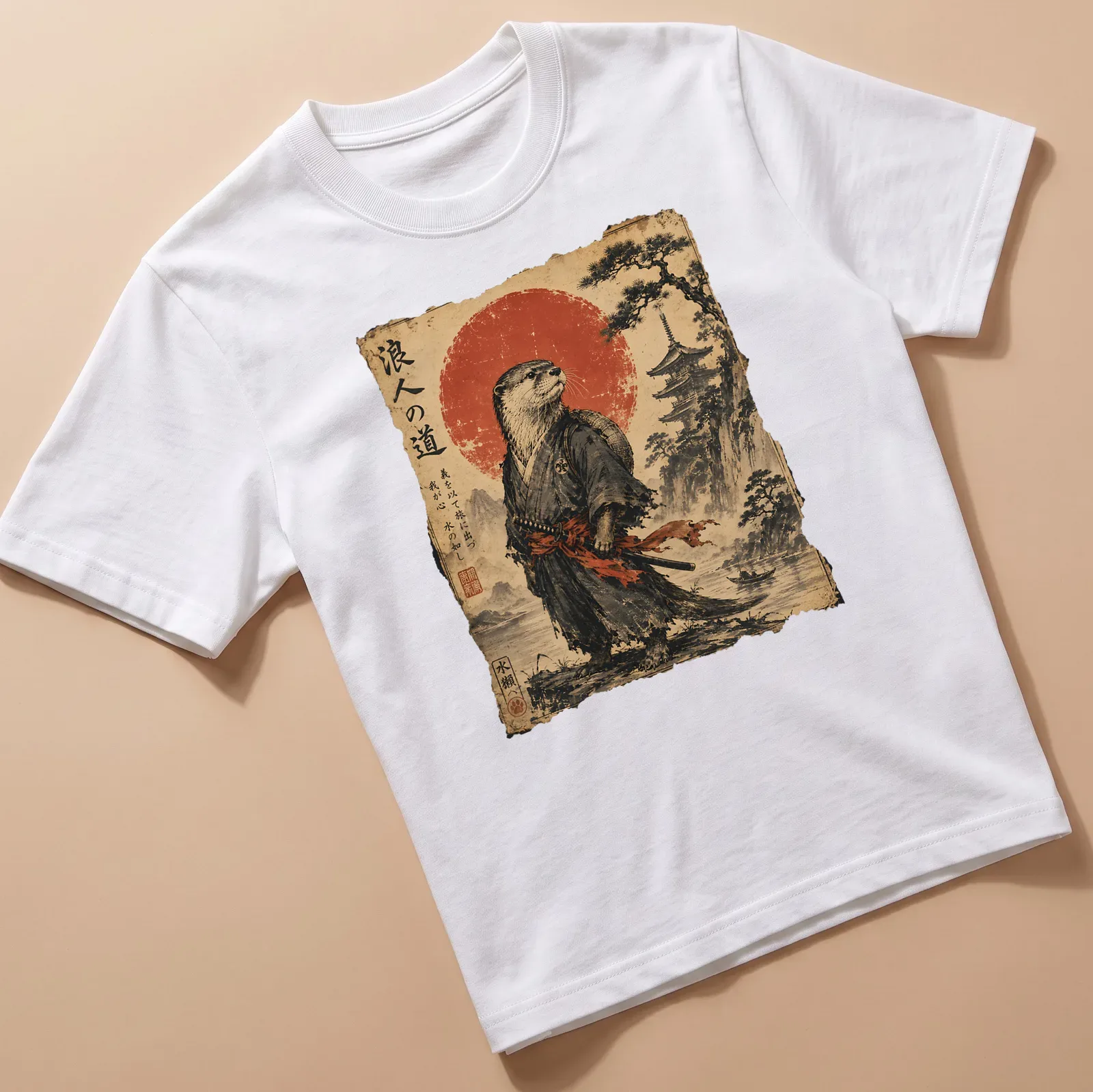 Vintage Japanese scroll art featuring an otter samurai with katana and calligraphy — printed on a unisex t-shirt