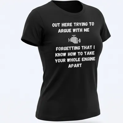 Bold typography shirt with humorous engine repair text in white and gray — printed on a women's shirt
