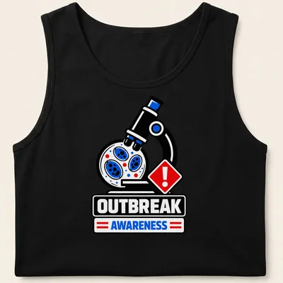 Bold microscope graphic with 'OUTBREAK AWARENESS' text in black, white, blue, and red — printed on a tank top