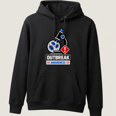 Bold microscope graphic with 'OUTBREAK AWARENESS' text in black, white, blue, and red — printed on a unisex hoodie