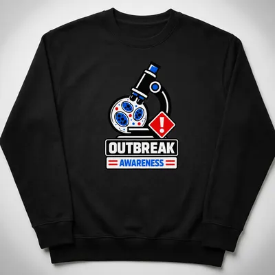 Bold microscope graphic with 'OUTBREAK AWARENESS' text in black, white, blue, and red — printed on a unisex sweatshirt