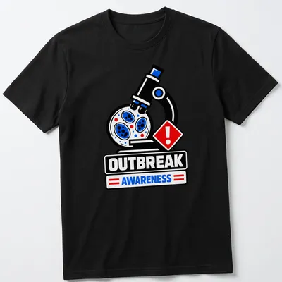 Bold microscope graphic with 'OUTBREAK AWARENESS' text in black, white, blue, and red