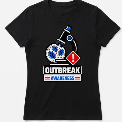Bold microscope graphic with 'OUTBREAK AWARENESS' text in black, white, blue, and red — printed on a women's shirt