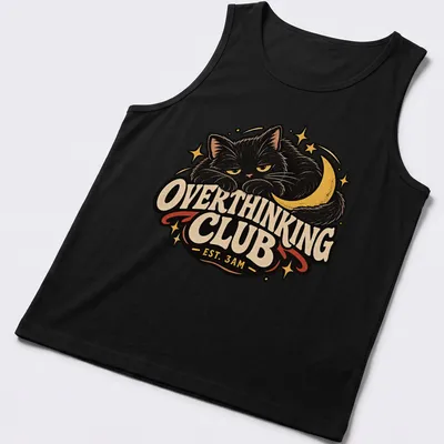 Retro style t-shirt featuring a black cat and the phrase Overthinking Club EST. 3AM — printed on a tank top