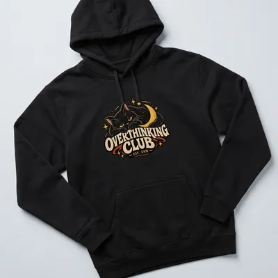 Retro style t-shirt featuring a black cat and the phrase Overthinking Club EST. 3AM — printed on a unisex hoodie
