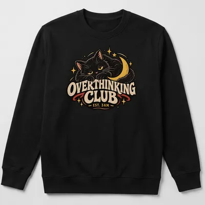 Retro style t-shirt featuring a black cat and the phrase Overthinking Club EST. 3AM — printed on a unisex sweatshirt