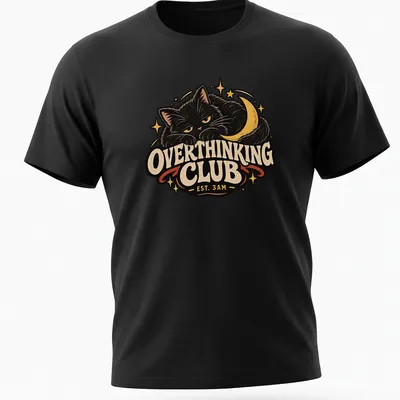 Retro style t-shirt featuring a black cat and the phrase Overthinking Club EST. 3AM