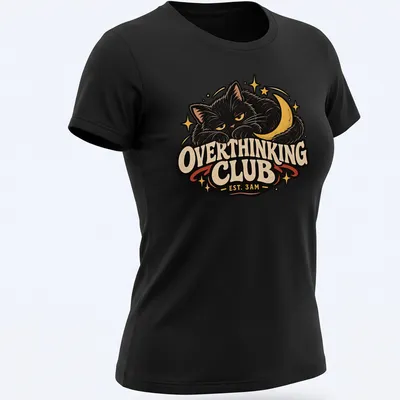 Retro style t-shirt featuring a black cat and the phrase Overthinking Club EST. 3AM — printed on a women's shirt