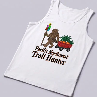 Colorful cartoon troll with plant wagon and text Pacific Northwest Troll Hunter — printed on a tank top
