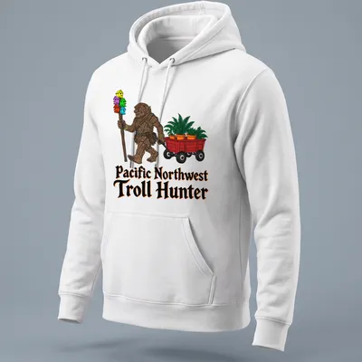 Colorful cartoon troll with plant wagon and text Pacific Northwest Troll Hunter — printed on a unisex hoodie