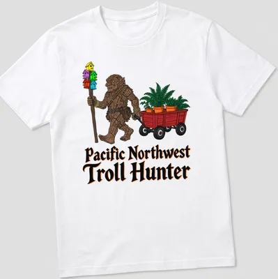 Colorful cartoon troll with plant wagon and text Pacific Northwest Troll Hunter