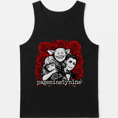 Gothic illustration of creepy portraits with roses in red, black, and white — printed on a tank top