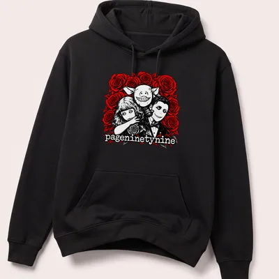 Gothic illustration of creepy portraits with roses in red, black, and white — printed on a unisex hoodie