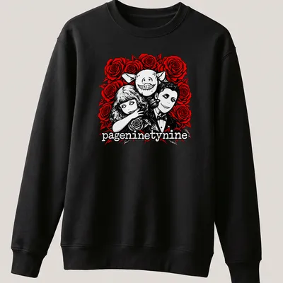 Gothic illustration of creepy portraits with roses in red, black, and white — printed on a unisex sweatshirt
