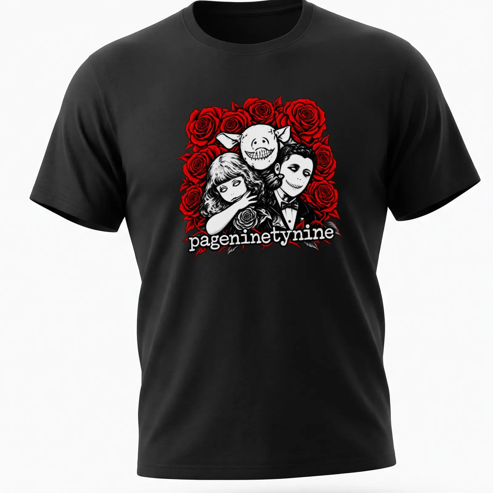 Gothic illustration of creepy portraits with roses in red, black, and white — printed on a unisex t-shirt