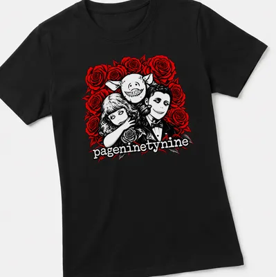 Gothic illustration of creepy portraits with roses in red, black, and white — printed on a women's shirt
