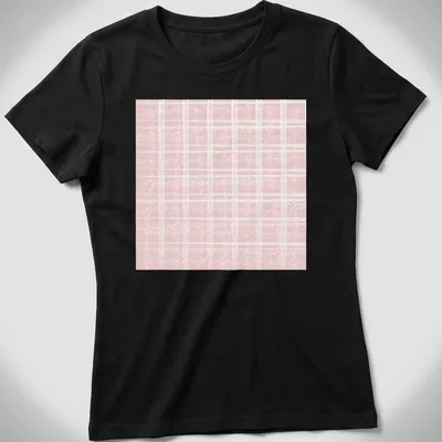 A pastel pink plaid pattern with glittery dots for a stylish look. — printed on a women's shirt