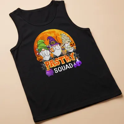 Cartoonish Halloween gnomes with Pastry Squad text in various colors — printed on a tank top