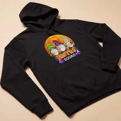 Cartoonish Halloween gnomes with Pastry Squad text in various colors — printed on a unisex hoodie