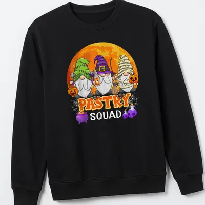 Cartoonish Halloween gnomes with Pastry Squad text in various colors — printed on a unisex sweatshirt
