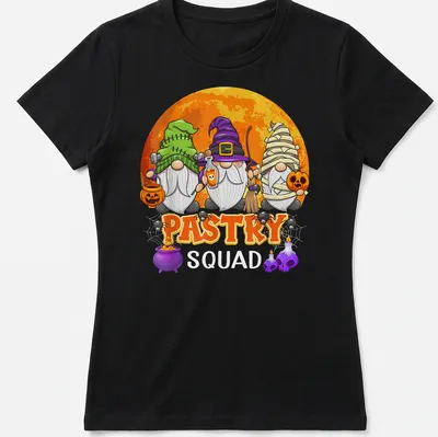 Cartoonish Halloween gnomes with Pastry Squad text in various colors — printed on a women's shirt