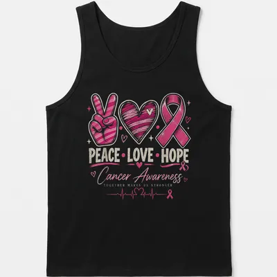 Colorful hand-drawn Cancer Awareness tee with peace sign, heart, and pink ribbon — printed on a tank top