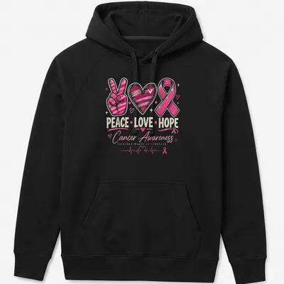Colorful hand-drawn Cancer Awareness tee with peace sign, heart, and pink ribbon — printed on a unisex hoodie