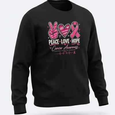 Colorful hand-drawn Cancer Awareness tee with peace sign, heart, and pink ribbon — printed on a unisex sweatshirt