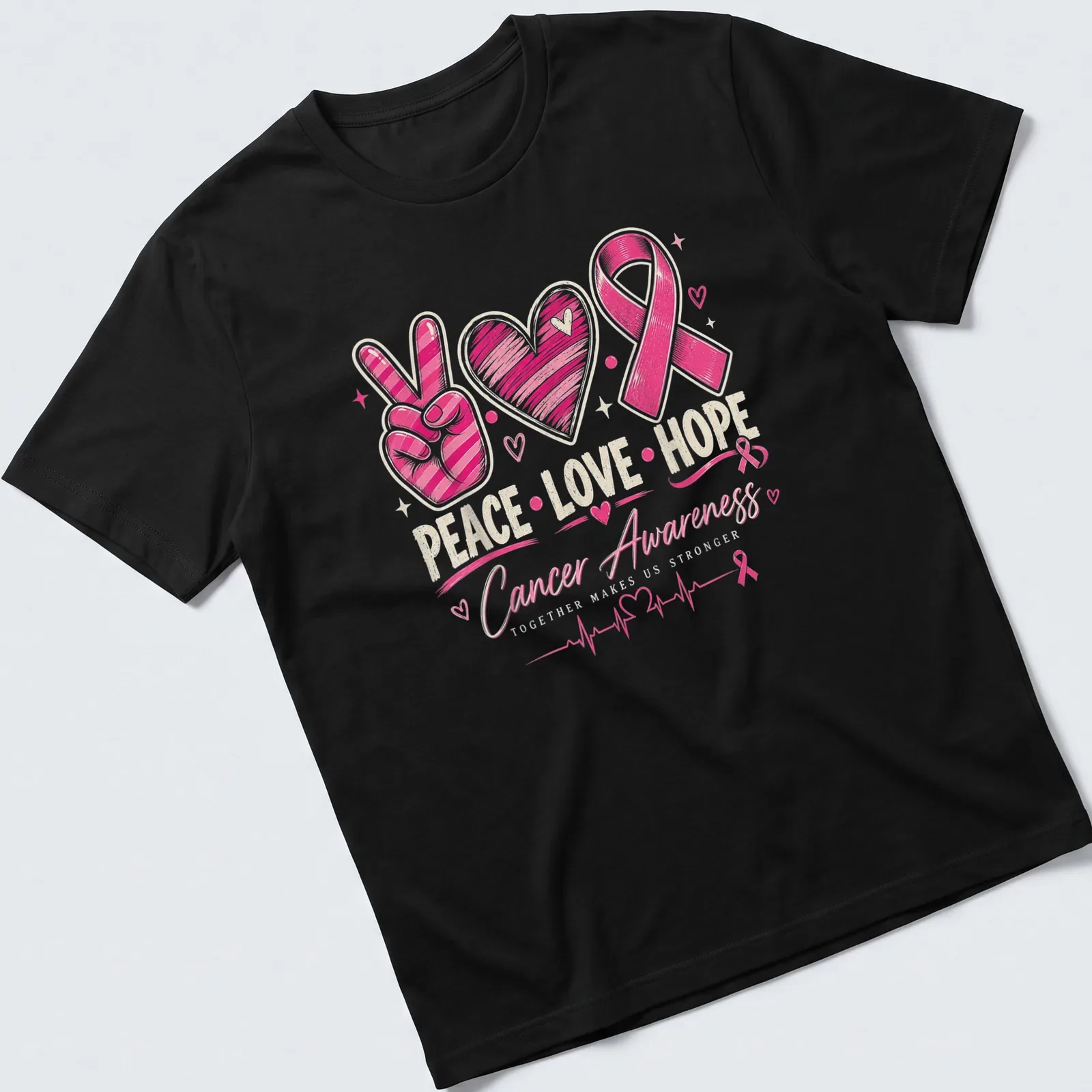 Colorful hand-drawn Cancer Awareness tee with peace sign, heart, and pink ribbon — printed on a unisex t-shirt