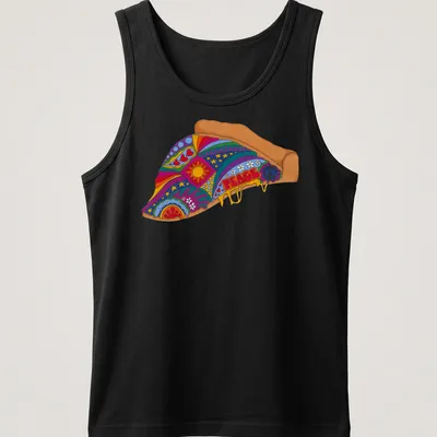 Psychedelic pizza slice t-shirt with vibrant colors and the word PEACE — printed on a tank top