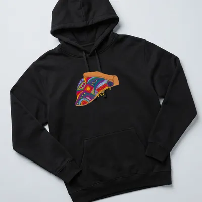 Psychedelic pizza slice t-shirt with vibrant colors and the word PEACE — printed on a unisex hoodie