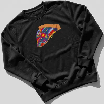 Psychedelic pizza slice t-shirt with vibrant colors and the word PEACE — printed on a unisex sweatshirt